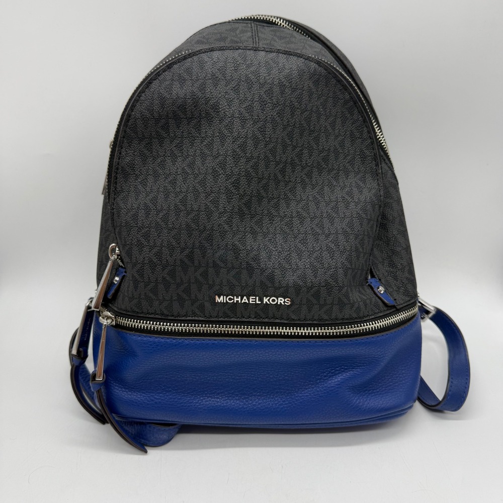 Michael Kors Rhea Backpack Women Medium Black Blue Logo Pebbled Leather